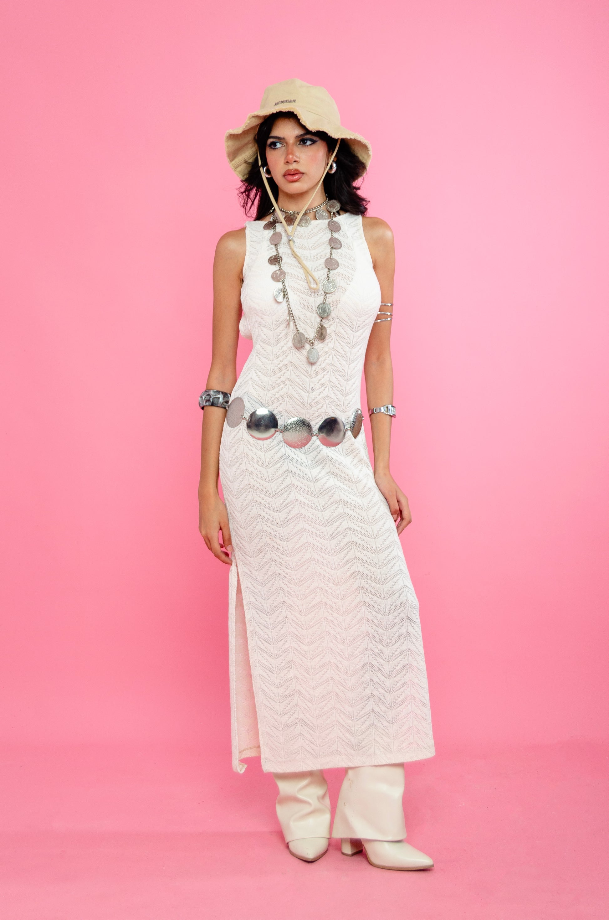 Backless Patterned Dress – Cream